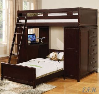 NATHAN CAPPUCCINO WOOD TWIN LOFT BUNK BED w/ DESK STORAGE DRAWERS