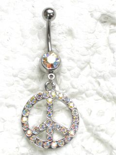 AB Rhinestone Crystal Peace Sign Navel Belly Button Ring Q19