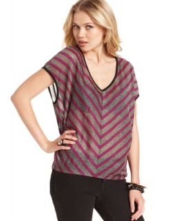 GUESS Top, Short Sleeve V Neck Striped Shimmer