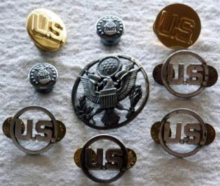Huge Lot Vintage US Military Cap Hat Badges Pins Brass Silver Marines