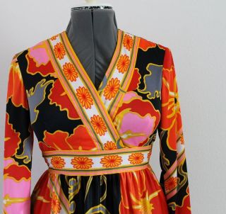 Vtg Lori Till Retro 60s Print Maxi Dress Hostess Gown Black Orange