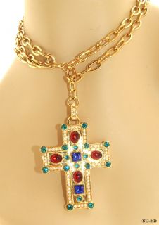 Susan Lucci Red Blue Green Crystal Goldtone Cross Belt Necklace