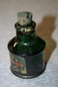 Vintage Antique Glass Green Ink Well Bottle w Label