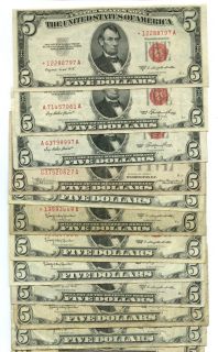 12 PC US $5 United States Note Red Seal Bulk Bill Lot VG XF Mixed Date