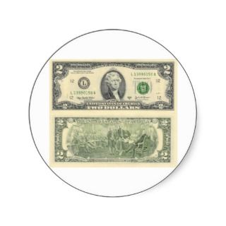 Two Dollar Bill Federal Reserve Note Back & Front Round Sticker