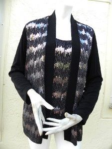 Chicos Amazing Black Slinky Cardigan Tank Twinset Embroidered Silver