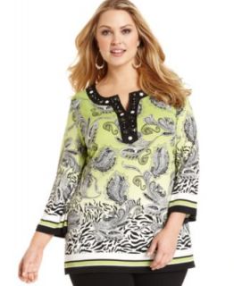 JM Collection Plus Size Top, Three Quarter Sleeve Printed Embellished