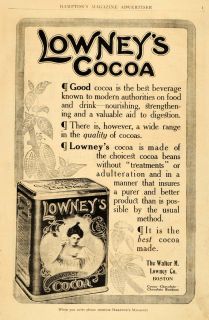 1909 Ad Walter M. Lowneys Breakfast Cocoa Antique Tin Chocolate