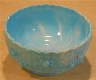Fenton Art Glass Blue Marble Slag Rose Bowl Cabbage Milk Glass