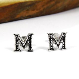 Cute Initial Letter M 925 Silver Stud Earrings