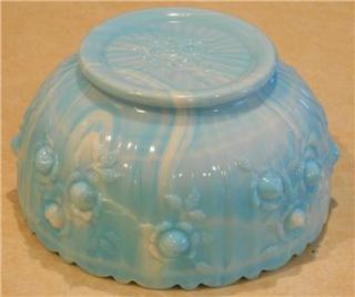 Fenton Art Glass Blue Marble Slag Rose Bowl Cabbage Milk Glass