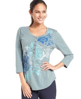 Style&co. Sport Top, Three Quarter Sleeve Floral Print Henley