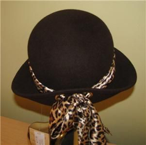 Ladies Womans Magid DK Brown Wool Cloche Hat Cap w Leopard Scarf Band