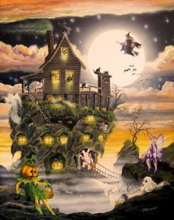 Halloween Art Haunted Swamp House Ghosts Witches Skeleton Cats Byrum