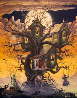 Folk Art Halloween Witchs Haunted Tree House Cauldron Cats Print HA31