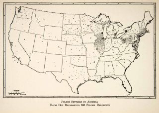 1928 Lithograph Map United States Polish Settler North America Census