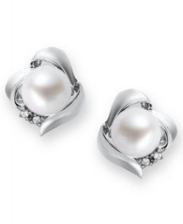 Sterling Silver Earrings, Cultured Fresh Water Pearl (7mm) and Diamond