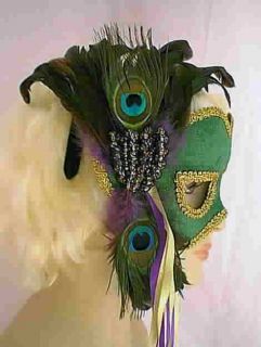 Mardi Gras Green Velvet Face Mask w Peacock Feathers