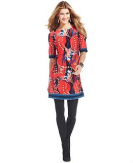 NEW NY Collection Petite Dress, Three Quarter Sleeve Printed Shift