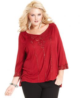 Lucky Brand Jeans Plus Size Top, Three Quarter Sleeve Beaded   Plus