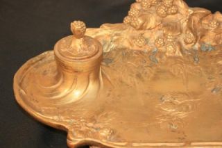 Antique French Art Nouveau Gilt Bronze Inkwell Signed A. Marionnet