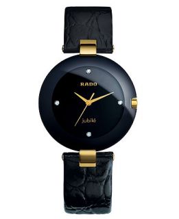 Rado Watch, Womens Coupole Diamond Accent Black Leather Strap 35mm