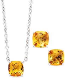 Sterling Silver Jewelry Set, Cushion Cut Citrine Earrings and Pendant