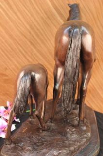 Signed Moigniez Mare W/ Foal Horse Bronze Sculpture Marble Statue Farm