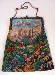 Victorian Glass Micro Beaded Ladies Purse Scenic w House Valley
