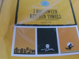 Martha Stewart NIP Halloween Kitchen Towels Witch Skeleton Jack O