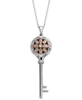 Diamond Necklace, 14k Rose Gold and Sterling Silver Diamond Flower Key