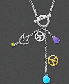 14k Gold and Sterling Silver Necklace, Dove and Peace Sign Multistone