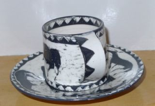 Martye Allen Pottery Sgraffito Porcelain Cup and Saucer