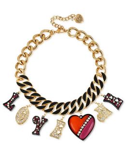 Betsey Johnson Necklace, Multi Tone Glass Crystal Love Me Chain Link