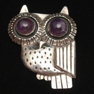 Owl Pin William Spratling Taxco c1943 Sterling Silver Amethyst Eyes