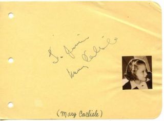 Mary Carlisle Vintage 1930s Original Signed Album Page Autographed