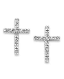 Diamond Earrings, Sterling Silver Diamond Cross Stud Earrings (1/10 ct