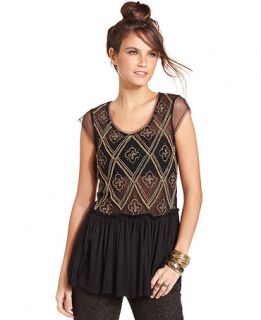 Free People Top, Short Sleeve Scoop Neck Beaded Chiffon Ruffle