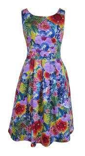 Purple Yellow Green Tropical Print Day Dress Beverley Size 10 New