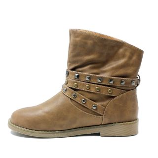RUSSEL MATOS   CAMEL MID CALF STUDDED BUCKLE STRAP ROUND TOE FLAT BOOT