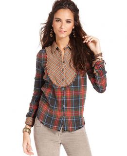 Free People Top, Long Sleeve Mixed Plaid Blouse   Womens Tops