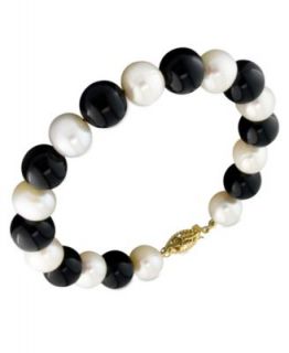 14k Gold Necklace, Cultured Freshwater Pearl and Onyx Strand   Jewelry