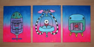 Flying Robots No 1 of 3 Original Painted Graffiti Canvas Qee Kidrobot