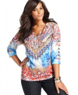 Style&co. Plus Size Top, Three Quarter Sleeve Printed Henley
