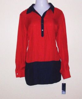 3X Anne Klein Red Poppy Colorblock Half Button Up Tunic Shirt $95 Plus