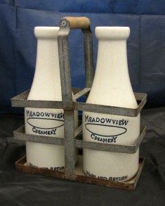 Retro Set of 2 Ceramic Milk Bottles with Metal Carrier