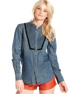 Free People Top, Long Sleeve Chambray Pleated Shirt
