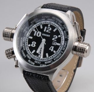 Big Size 55mm Mens Watches GMT Worldtime Date Leather