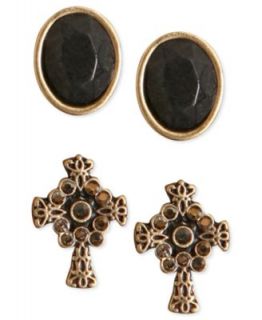 Lucky Brand Earrings Set, Gold Tone Semi Precious Dyed Jade and Cross