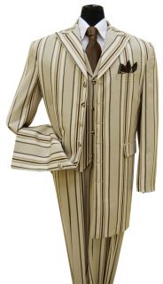 New Mens 3 Piece Milano Moda Elegant Fashion Length Stripes Suit Tan